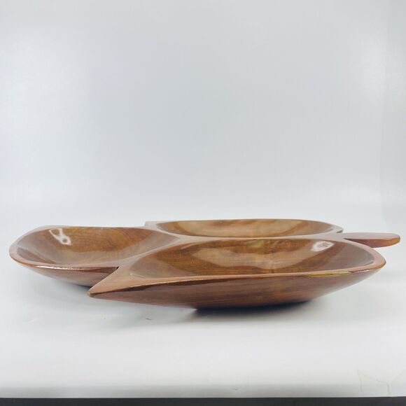 LARGE WOODEN VTG LEAF SHAPE Serving Candy Bowl Tray 3 Sections 18" X 10" MCM - Picture 14 of 14